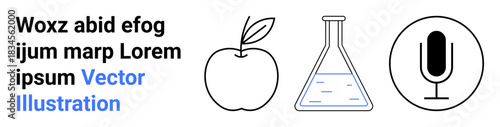 Education, science, laboratory research, communication, content creation, learning tools. An apple, a flask and a microphone icon in black and white. Education and science concept