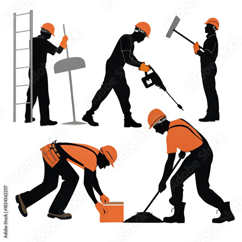 Silhouettes of construction worker activities with safety gear isolated on white background