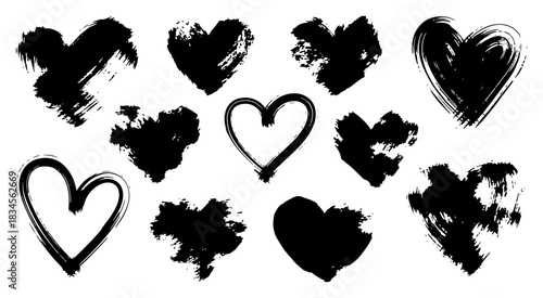 Grunge Brush Stroke Heart Vector Set with Hand Drawn Love Symbols and Black Paint Texture