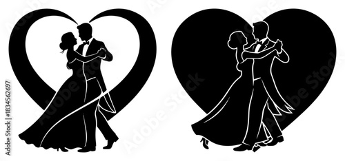 Wedding couple dancing silhouette inside heart frame vector illustration of bride and groom performing waltz for marriage invitation design