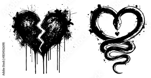 Grunge broken heart with ink drips and snake coiled in heart shape vector tattoo illustration set of gothic symbols for bad romance concept