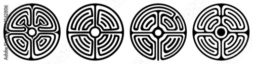 Set of circular maze symbols and round labyrinth vector icons for puzzles or gaming logos black and white geometric logic games design