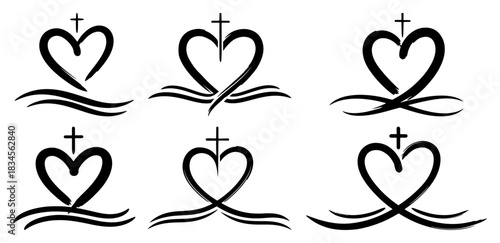 Christian cross inside heart vector symbols set of religious calligraphy logos representing faith and love for church design