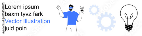 Innovation, creativity, idea generation, problem-solving, technology, brainstorming. A man in blue holding a light bulb with gears and text in the background. Innovation and creativity concept