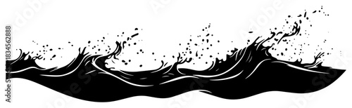 Hand drawn ocean wave silhouette with splashing water drops vector illustration of a stormy sea tide or surf movement