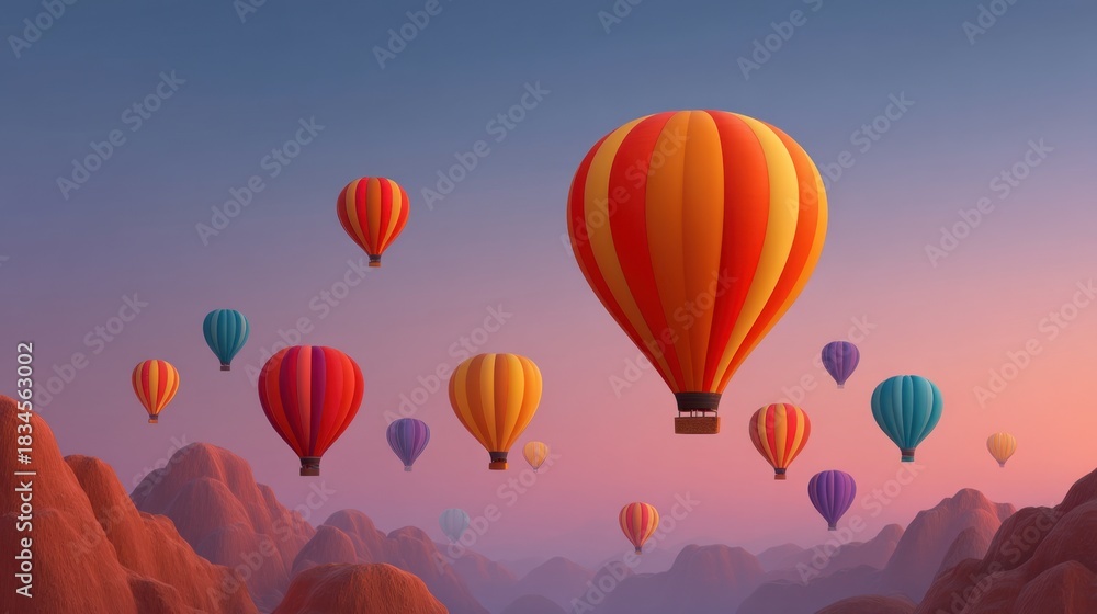 Fototapeta premium Colorful Hot Air Balloons Floating Above Majestic Mountains in a Serene Twilight Sky During an Enchanting Sunrise Landscape Scene