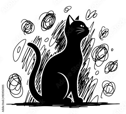 Black cat sitting silhouette with abstract scribble background vector illustration of stylized kitten with messy lines