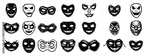 Scary Halloween Mask Vector Set with Creepy Horror Faces and Hand Drawn Sketch Silhouettes