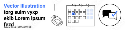 Business planning, workflow management, scheduling, finance, communication, time management. Features a calendar with a checkmark, a coin symbol and a speech bubble icon. Business planning