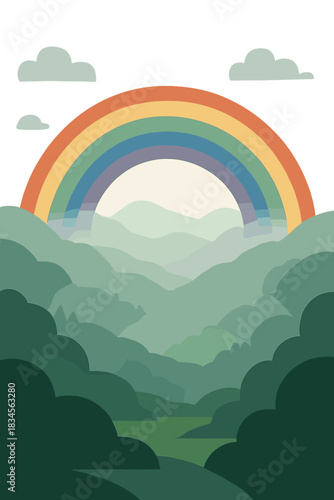 A crescendo of a vivid rainbow arching over a misty valley after rain, featured in travel magazines and destination branding, crafted for outdoor publications and nature guides, and utilized by