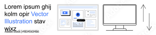 Web design, UIUX, navigation, technology, desktop applications, interactivity. A desktop monitor with displayed interface and vertical arrows. Web design and UIUX concept