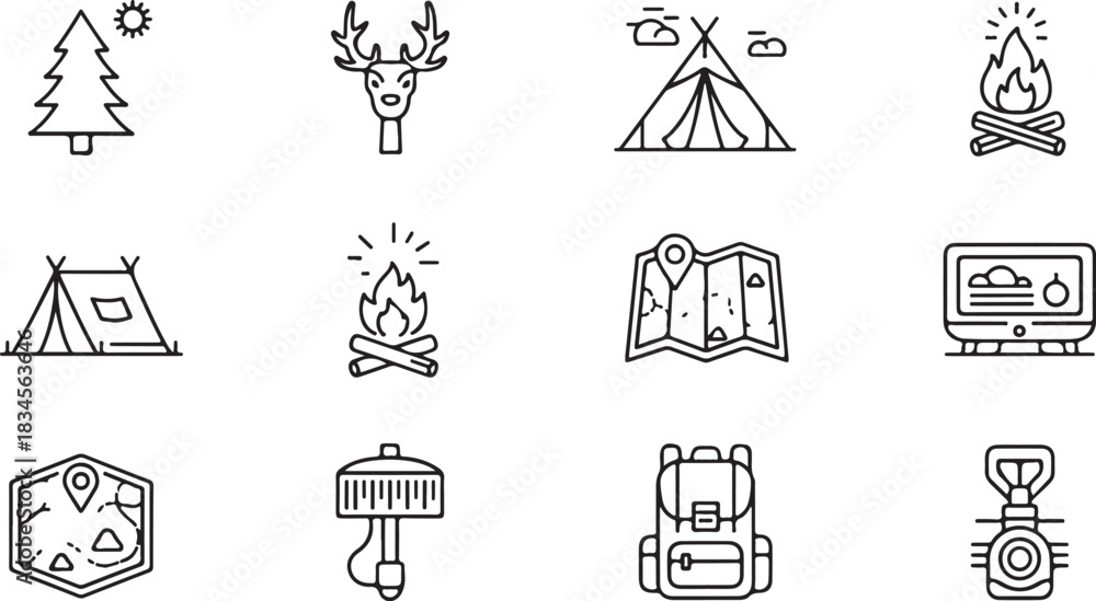 Fototapeta premium Camping Adventure Icons Set Outdoor Exploration and Nature