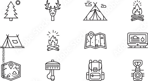 Camping Adventure Icons Set Outdoor Exploration and Nature