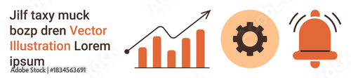 Business growth, technology management, data analysis, progress tracking, notification systems, digital transformation. Graph with an upward arrow, gear symbol and bell icon. Business growth