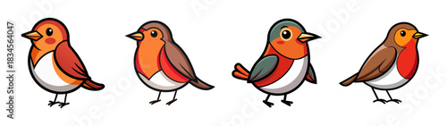 Cute cartoon robin birds vector illustration set for ornithology and nature lovers design projects with robins