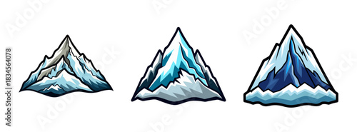 Cartoon ice mountain range vector illustration set with snowy peaks and winter landscape design elements