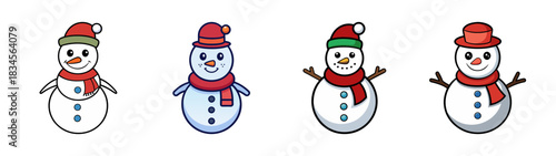 Illustration of cute cartoon snowmen with hats and scarfs for christmas holiday season vector