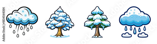 Cartoon winter weather vector illustration featuring snow clouds and snowy trees design art