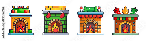 Illustration of christmas fireplaces with stockings and flames for holiday season decor and design