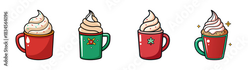 Holiday hot chocolate mugs with whipped cream christmas beverages vector illustration art
