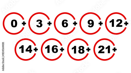 Age limit sign set with 0+, 3+, 6+, 12+, 14+, 16+, 18+ and 21+ symbols. Adult content restriction icons, censorship warning labels, age rating badges. Vector isolated illustration.