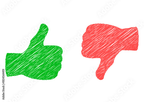 Thumbs up and thumbs down icons. Like and dislike symbols in simple doodle thin-line style. Hand-drawn vector illustration for feedback, rating and approval concepts.