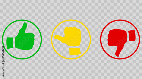 Like, dislike and neutral thumb icon set in outline circles. Green thumbs up, yellow neutral thumb, and red thumbs down symbols on white background. Feedback rating icons, vector illustration.
