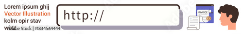 Internet security, online navigation, web services, identity verification, digital communication, analytics. A web address bar, person profile and document icons. Internet security and online