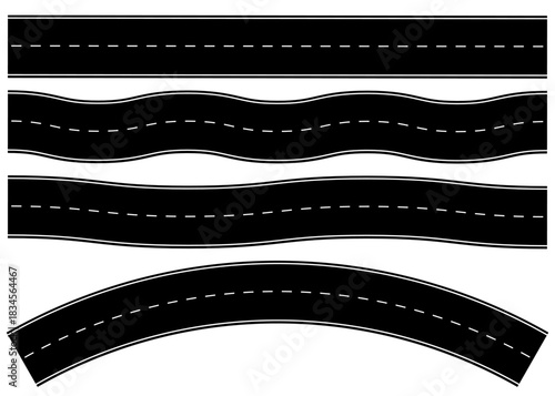 Highway or roadway background. Straight and winding road illustration. Asphalt road with lane markings for travel, transportation, and journey concepts. Vector design.