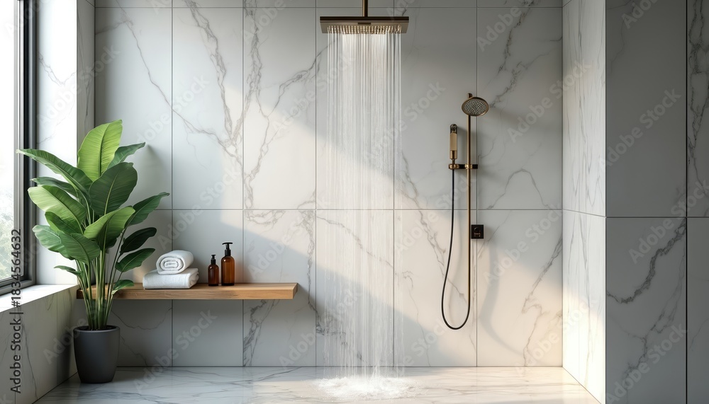 Fototapeta premium Modern spa shower bathroom features white marble walls, floor. Rain showerhead flows, golden brass fixtures gleam. Potted green plant by large window. Natural light streams in, clean towels, amber