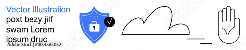 Data protection, access restriction, online security, privacy management, digital safety, user authentication. Blue shield with lock, cloud icon and hand symbol. Data protection and access
