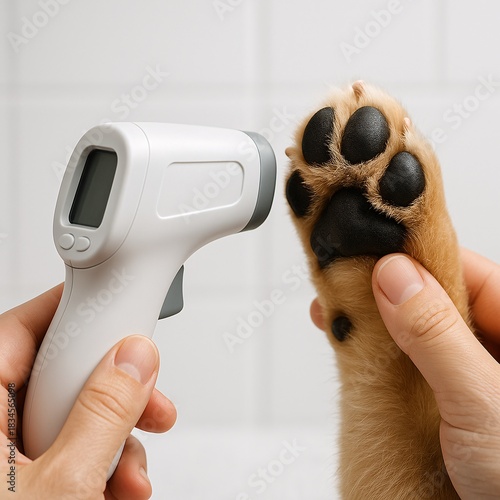 Non-Contact Thermometer Checking Dog Paw Pad Temperature