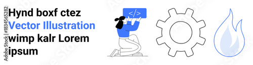 Web development, engineering processes, energy solutions, coding education, technology innovation, software creation. Human holding a code symbol, a gear and a flame icon. Coding and engineering
