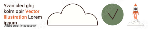 Cloud computing, data integrity, startups, modern innovation, online verification, digital trends. Minimalistic icons showing cloud, checkmark and rocket. Cloud computing and data integrity