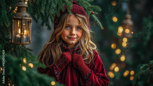 A little girl in a red coat and hat standing in front of a Christmas tree