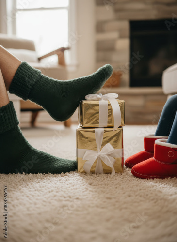 Christmas morning joy Cozy feet, presents, holiday cheer, festive scene, seasonal gifts, winter celebration