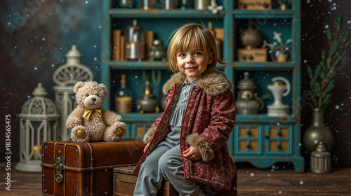 A little girl sitting on top of a suitcase with a teddy bear