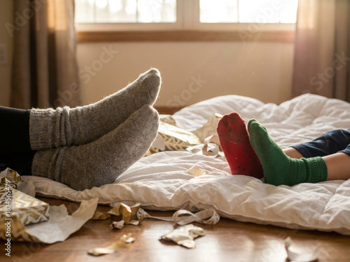Relaxed feet of a parent and child enjoying a cozy after-holiday moment on the floor amidst unwrapped Christmas gifts and festive cheer