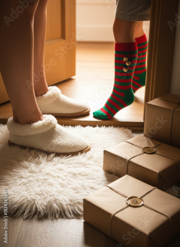 Embrace the heartwarming tradition of holiday giving, where festive socks and comfortable slippers meet beside thoughtful presents at the cozy home entrance, symbolizing generosity and shared joy
