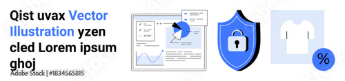 Data analysis, cybersecurity, e-commerce, online security, retail analytics, digital marketing. Graphs, security shield shirt with discount symbol. Data analysis and cybersecurity concepts