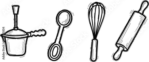 A set of four hand-drawn doodle icons on a single image a wobbly coffee plunger a crooked measuring spoon a rough whisk and an imperfect rolling pin all in solid black on white
