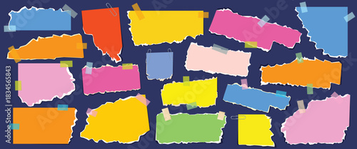 Colorful torn paper notes in various shapes taped to a dark background, featuring vibrant memo scraps, stickers, and paper pieces for design, scrapbooking, and creative projects