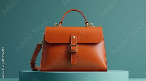 Handbag placed on a round surface against a colored background with a clean and simple design