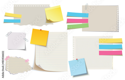 Set of various blank notes, sticky papers, torn sheets, grid pages and colorful memo strips with clips and pins, isolated on white for planners, reminders and design projects