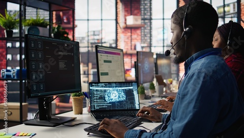 Cuadro en lienzo Call center employee using artificial intelligence chatbot to provide multilingual support to customers