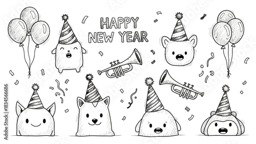 Hand-drawn doodle set of cute characters celebrating the New Year with party elements
