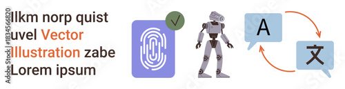 Biometric security, artificial intelligence, language translation, identity verification, technology, multilingual communication. Fingerprint, robot and speech bubbles with language icons. Biometric