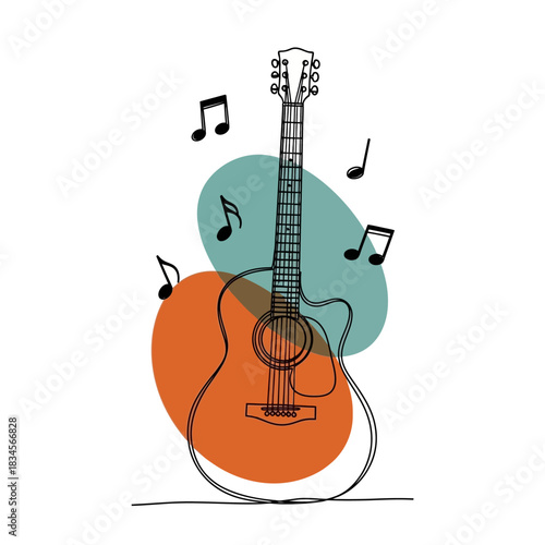 Acoustic guitar with musical notes and abstract shapes