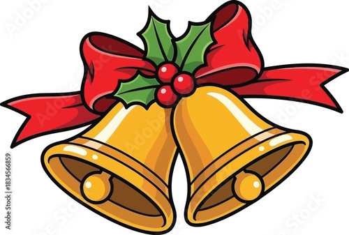 Christmas bells with red ribbon and holly illustration vector isolated on transparent background, Vector