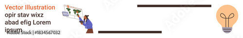 Education, innovation, data analysis, global connection, creativity, brainstorming. Person looking at a data-filled world map. Innovation and data analysis concept